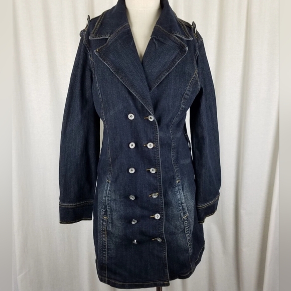VtgjouJou Premium Denim Blue Jean Double Breasted Trench Coat Womens .Wide Lapel - Picture 5 of 8